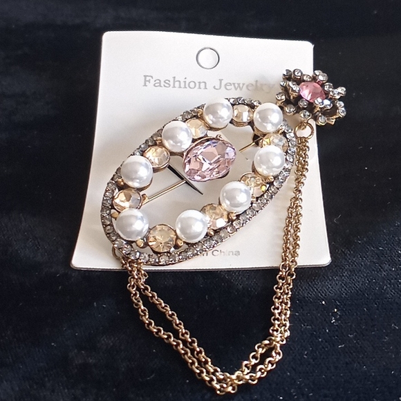 Pink Tourmaline & Pearl Rhinestoned Chain Brooch - Picture 4 of 11